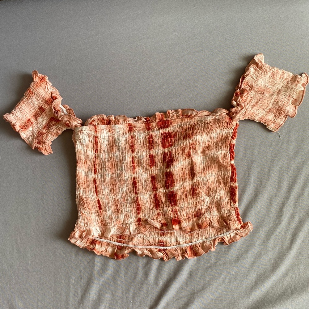 Orangey pink and red tie die off shoulder crop top